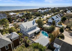 aerial view of isle of palms vacation rental with pool
