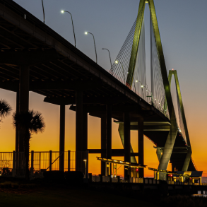 memorial waterfront park and bridge at sunset