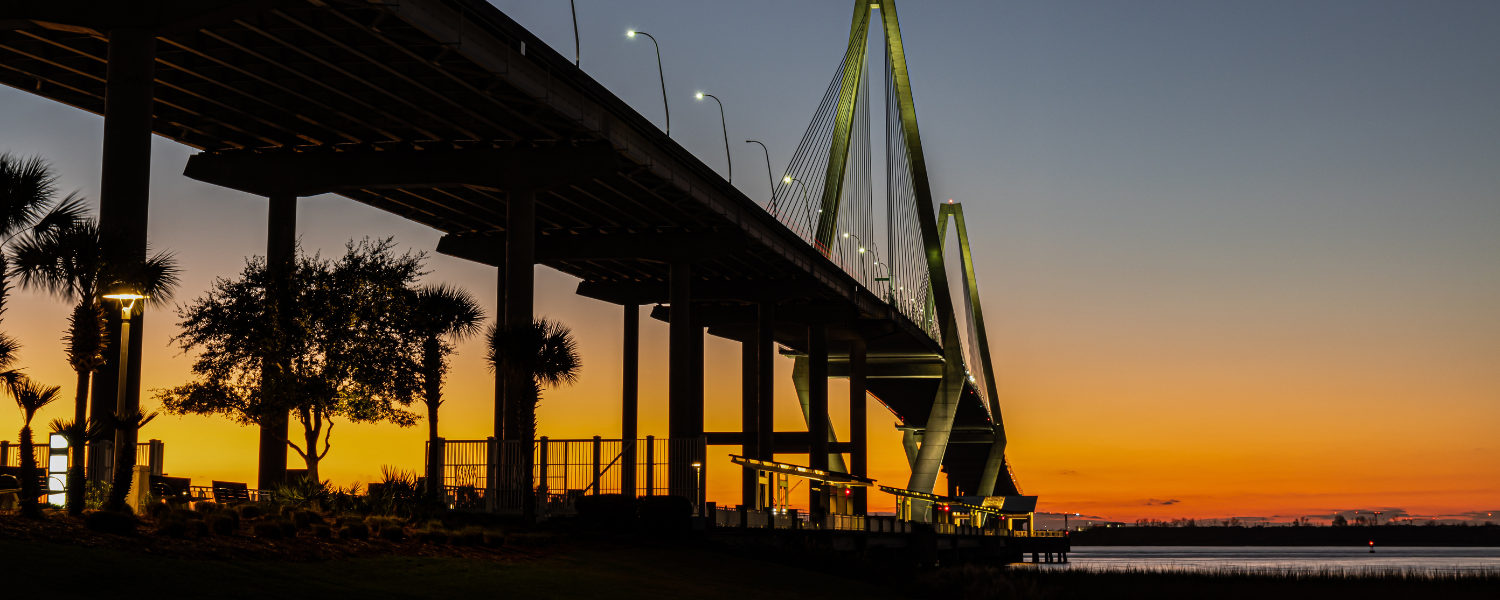 memorial waterfront park and bridge at sunset