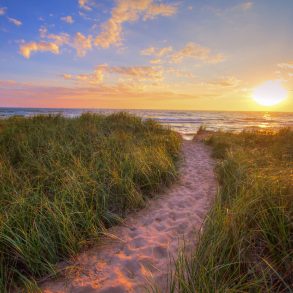 Sandy beach trail winds through dune grass to a sunset horizon on the shores of Lake Michigan in Hofffmaster State Park.