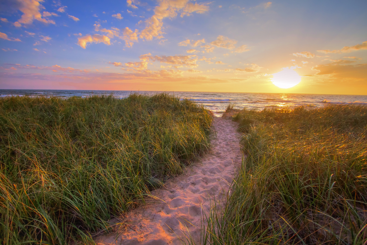 Sandy beach trail winds through dune grass to a sunset horizon on the shores of Lake Michigan in Hofffmaster State Park.