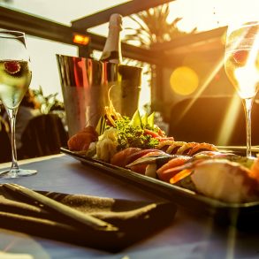 Luxury restaurant table on sunset