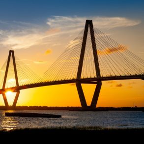 Sunset behind the Cooper River Bridge in Charleston, SC