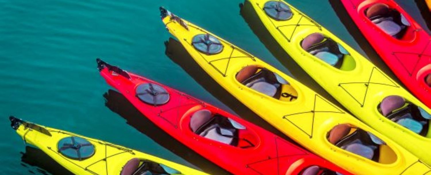 a collection of kayaks on the ocean