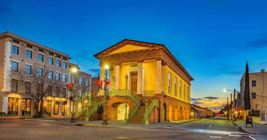 Meeting Street in downtown Charleston South Carolina at dusk 