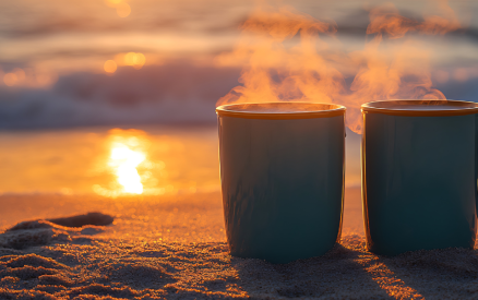 two mugs of hot drink on a beach