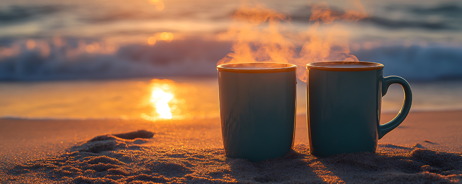 two mugs of hot drink on a beach