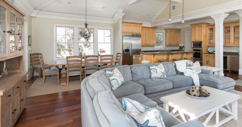 vacation rental living room, dining room, and kitchen