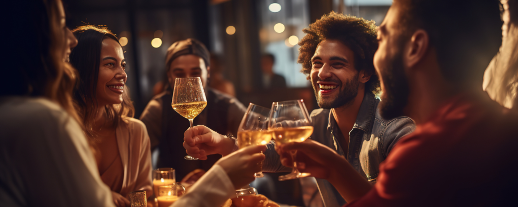 friends at restaurant toasting with wine glasses