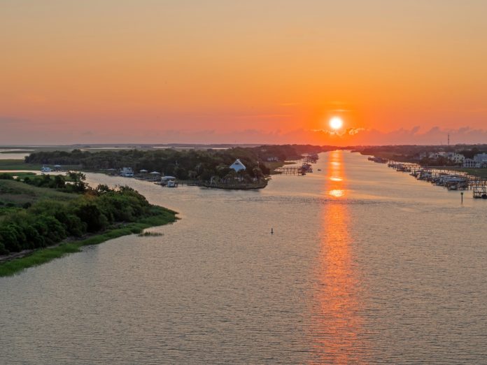 Sunrise over the Atlantic Intercoastal Waterway, which runs between Mount Pleasant and Isle of Palms