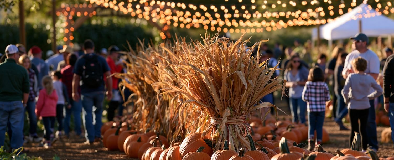 Aerial view of a festive pumpkin patch harvest festival with string lights bordering a corn maze entrance.