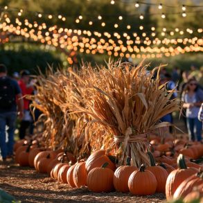 Aerial view of a festive pumpkin patch harvest festival with string lights bordering a corn maze entrance.