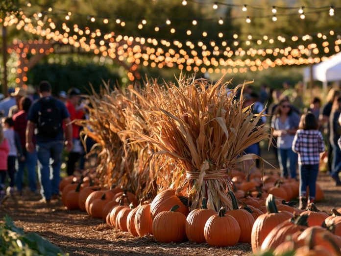 Aerial view of a festive pumpkin patch harvest festival with string lights bordering a corn maze entrance.