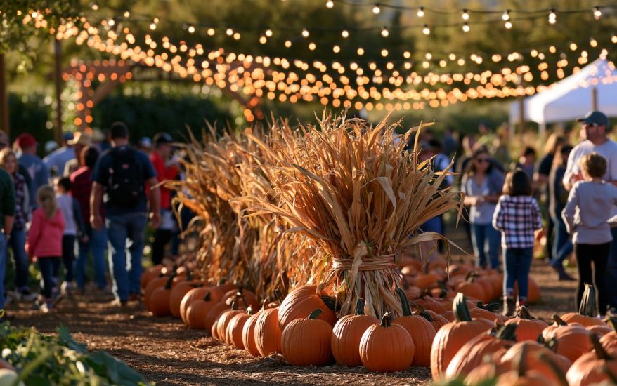 Aerial view of a festive pumpkin patch harvest festival with string lights bordering a corn maze entrance.